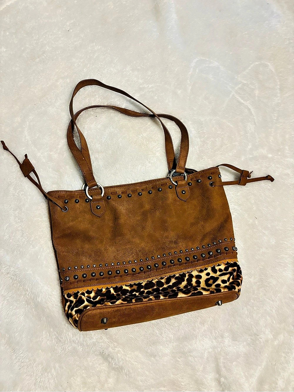 Trinity Ranch Studded Leopard-Trim Tote in Brown